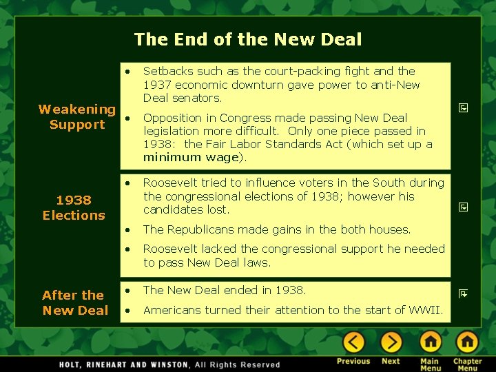The End of the New Deal • Weakening • Support 1938 Elections After the