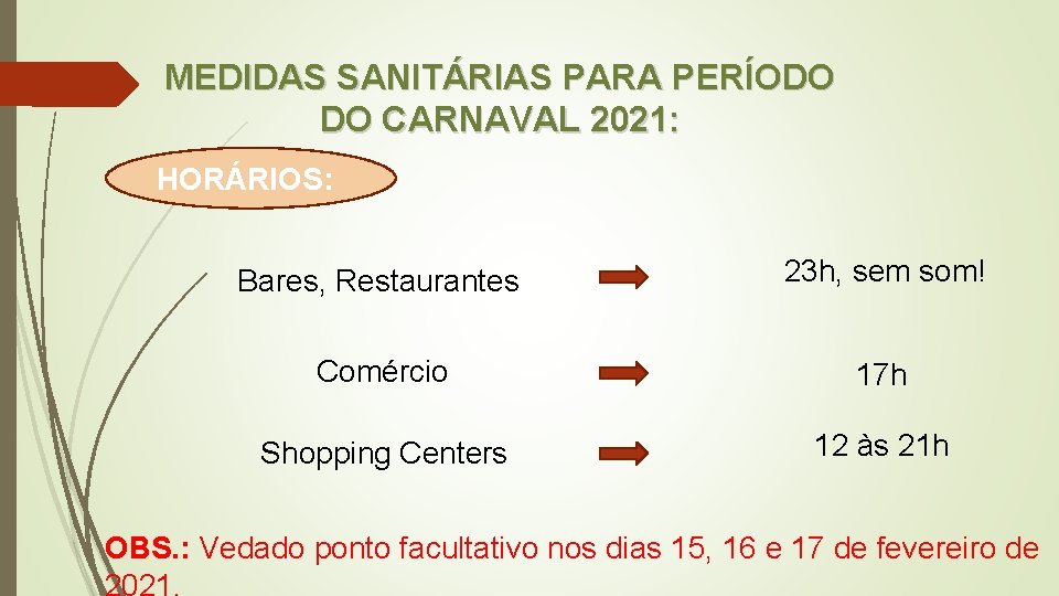 MEDIDAS SANITÁRIAS PARA PERÍODO DO CARNAVAL 2021: HORÁRIOS: Bares, Restaurantes 23 h, sem som!