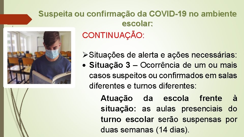 Suspeita ou confirmação da COVID-19 no ambiente escolar: CONTINUAÇÃO: Situações de alerta e ações