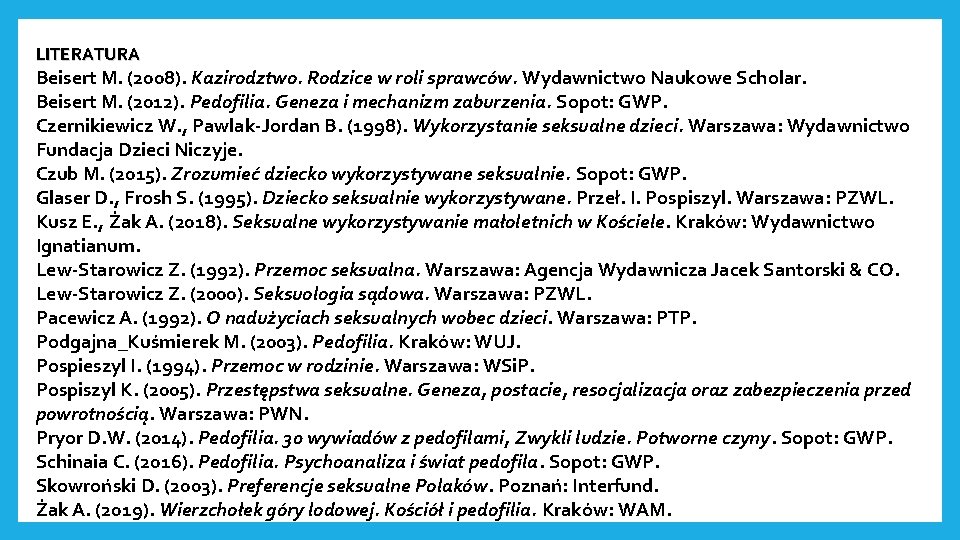 LITERATURA Beisert M. (2008). Kazirodztwo. Rodzice w roli sprawców. Wydawnictwo Naukowe Scholar. Beisert M.