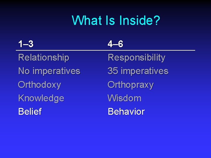 What Is Inside? 1– 3 Relationship No imperatives Orthodoxy Knowledge Belief 4– 6 Responsibility