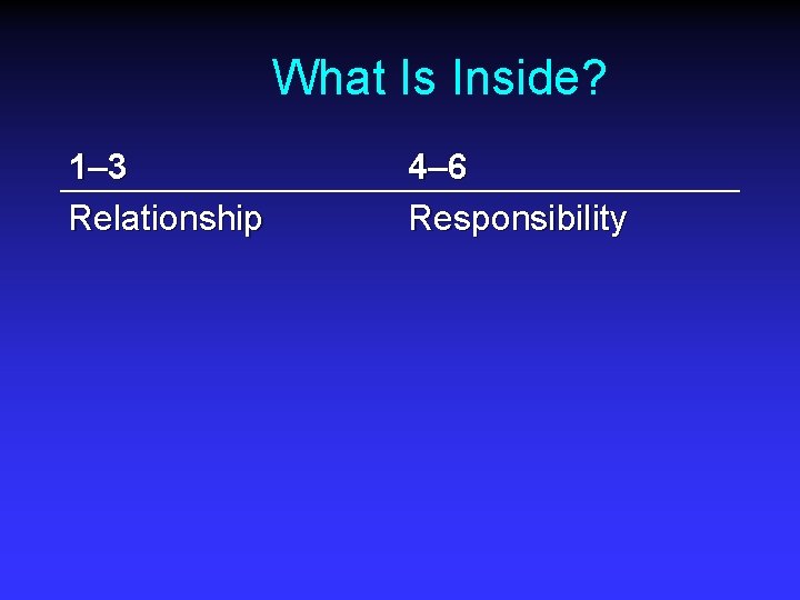What Is Inside? 1– 3 Relationship 4– 6 Responsibility 