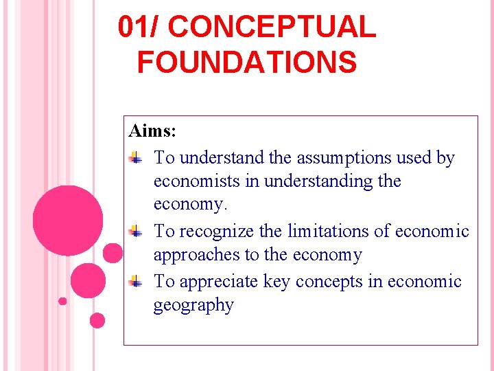 01/ CONCEPTUAL FOUNDATIONS Aims: To understand the assumptions used by economists in understanding the