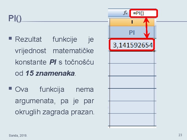 PI() § Rezultat funkcije je vrijednost matematičke konstante PI s točnošću od 15 znamenaka.