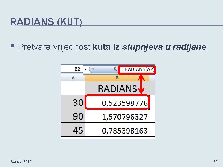 RADIANS (KUT) § Pretvara vrijednost kuta iz stupnjeva u radijane. Sanda, 2019. 32 