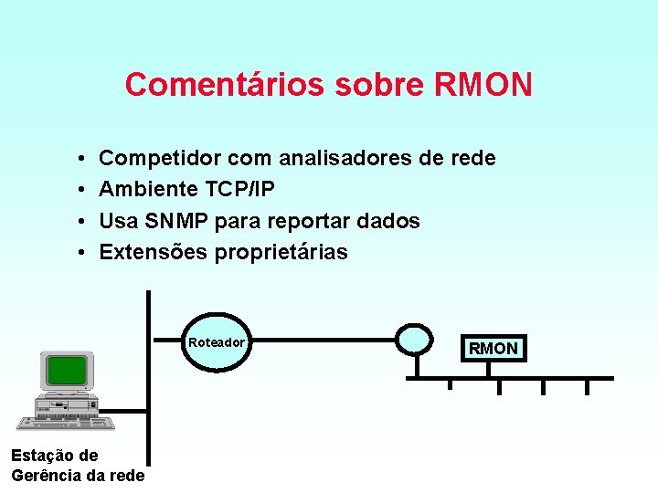 Comentários sobre RMON • • Competidor com analisadores de rede Ambiente TCP/IP Usa SNMP