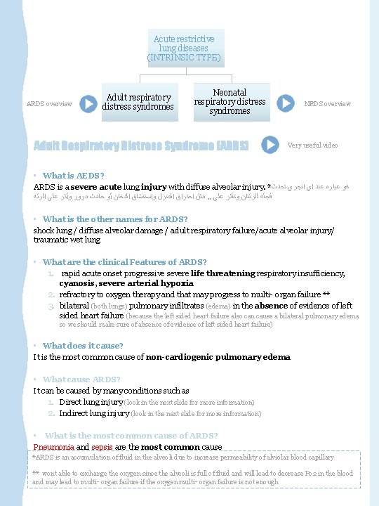 Acute restrictive lung diseases (INTRINSIC TYPE) ARDS overview Adult respiratory distress syndromes Neonatal respiratory