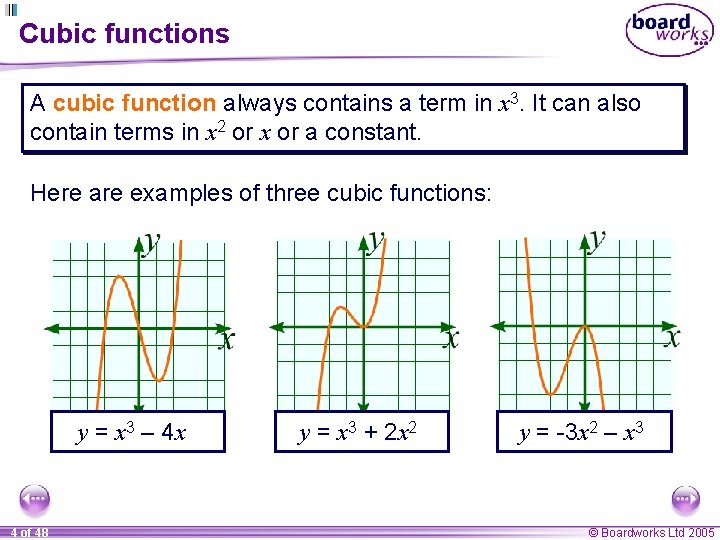 Cubic functions A cubic function always contains a term in x 3. It can