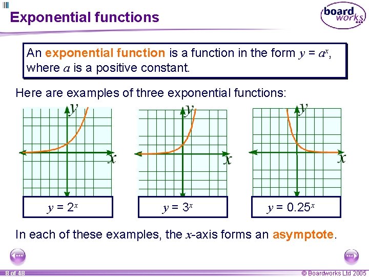 Exponential functions An exponential function is a function in the form y = ax,