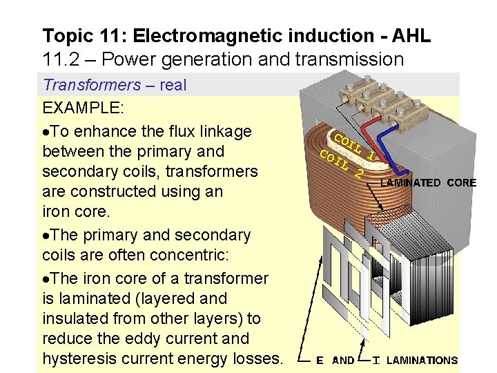 Topic 11: Electromagnetic induction - AHL 11. 2 – Power generation and transmission Transformers