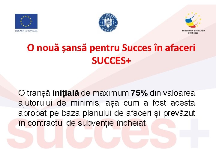 O nouă șansă pentru Succes în afaceri SUCCES+ O tranșă inițială de maximum 75%