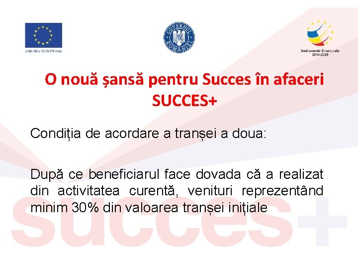 O nouă șansă pentru Succes în afaceri SUCCES+ Condiția de acordare a tranșei a