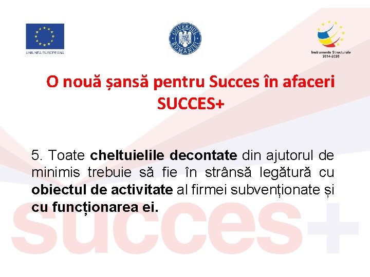 O nouă șansă pentru Succes în afaceri SUCCES+ 5. Toate cheltuielile decontate din ajutorul