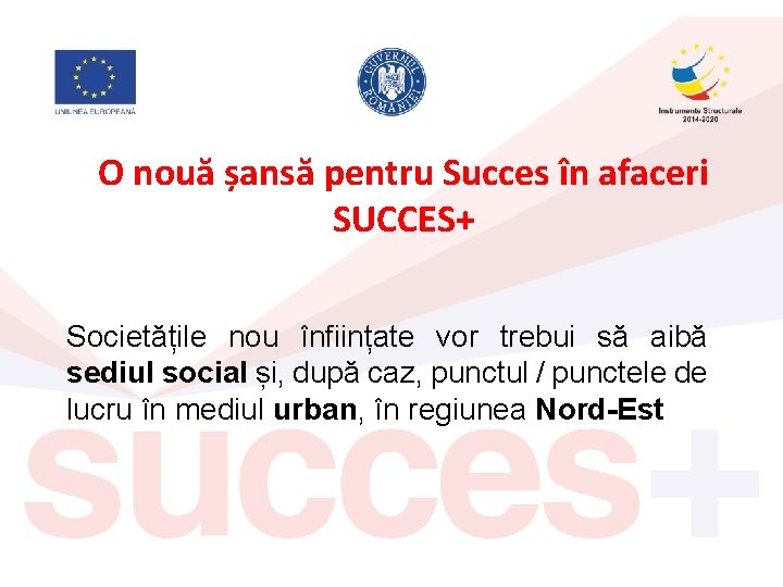 O nouă șansă pentru Succes în afaceri SUCCES+ Societățile nou înființate vor trebui să