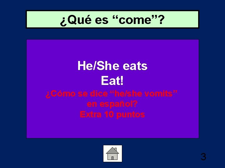 ¿Qué es “come”? He/She eats Eat! ¿Cómo se dice “he/she vomits” en español? Extra