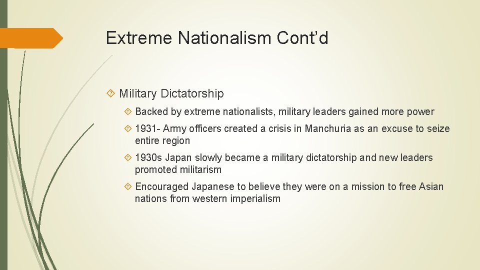 Extreme Nationalism Cont’d Military Dictatorship Backed by extreme nationalists, military leaders gained more power