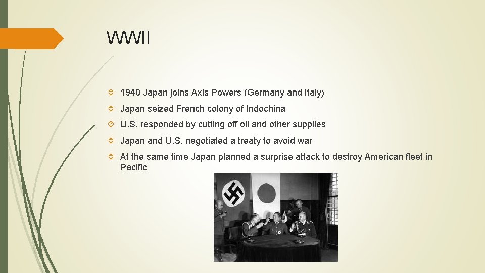 WWII 1940 Japan joins Axis Powers (Germany and Italy) Japan seized French colony of
