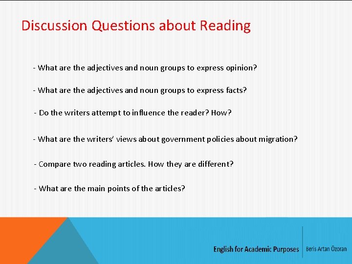 Discussion Questions about Reading - What are the adjectives and noun groups to express