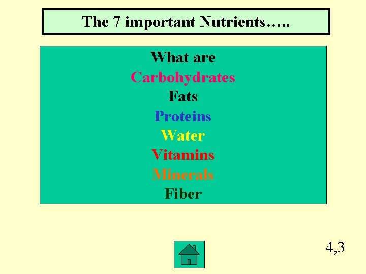 The 7 important Nutrients…. . What are Carbohydrates Fats Proteins Water Vitamins Minerals Fiber