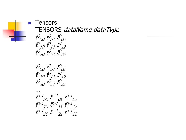 n Tensors TENSORS data. Name data. Type t 000 t 001 t 002 t