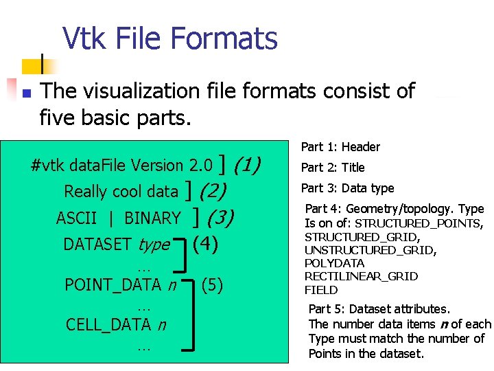 Vtk File Formats n The visualization file formats consist of five basic parts. #vtk