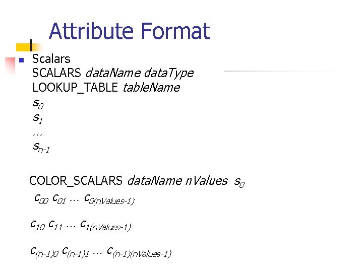 Attribute Format n Scalars SCALARS data. Name data. Type LOOKUP_TABLE table. Name s 0