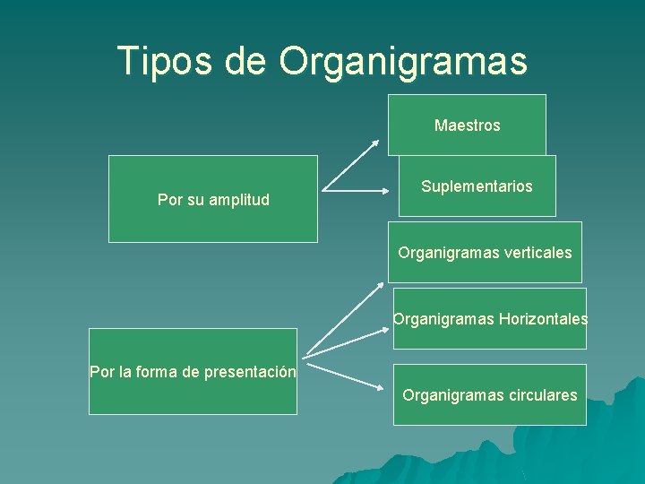 Tipos de Organigramas Maestros Por su amplitud Suplementarios Organigramas verticales Organigramas Horizontales Por la