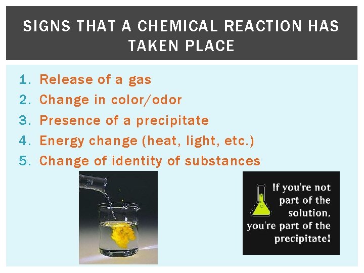 SIGNS THAT A CHEMICAL REACTION HAS TAKEN PLACE 1. 2. 3. 4. 5. Release