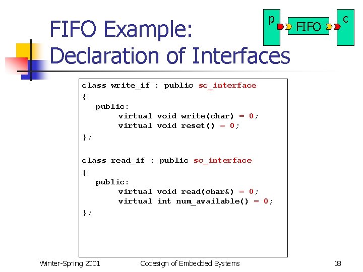 p c FIFO Example: Declaration of Interfaces class write_if : public sc_interface { public: