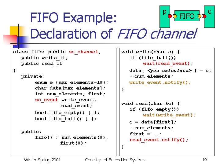 p c FIFO Example: Declaration of FIFO channel class fifo: public sc_channel, public write_if,