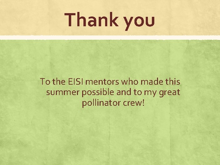 Thank you To the EISI mentors who made this summer possible and to my