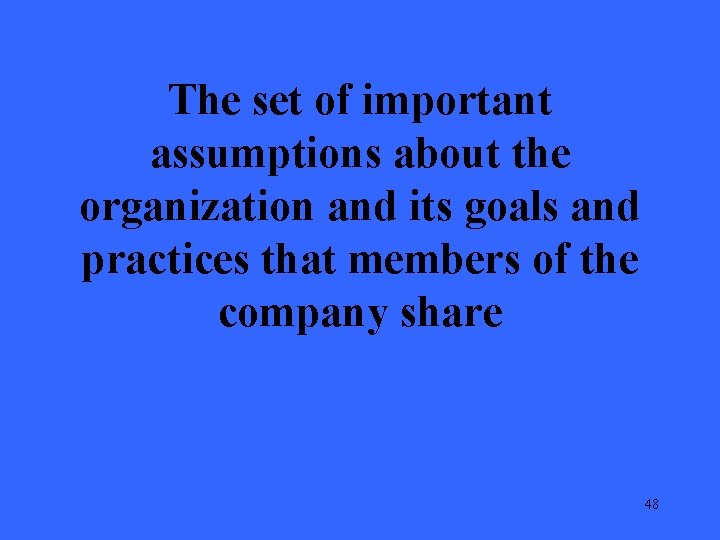 The set of important assumptions about the organization and its goals and practices that