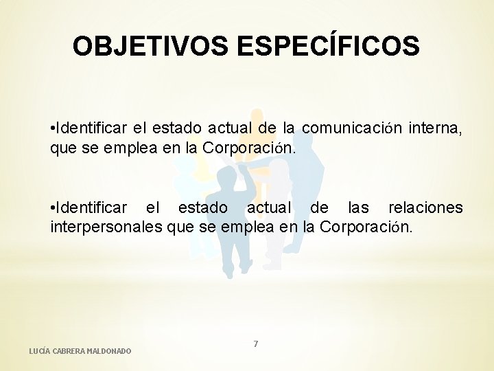 OBJETIVOS ESPECÍFICOS • Identificar el estado actual de la comunicación interna, que se emplea