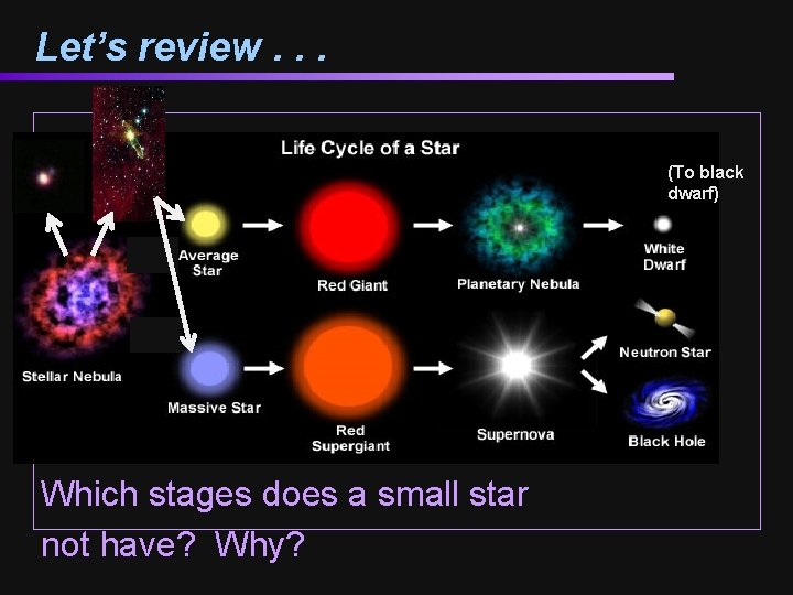Let’s review. . . (To black dwarf) Which stages does a small star not