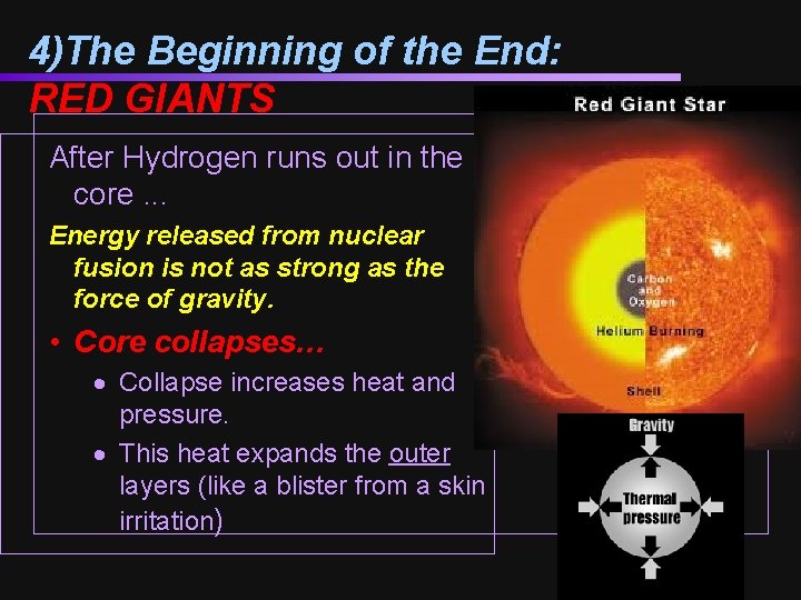 4)The Beginning of the End: RED GIANTS After Hydrogen runs out in the core.