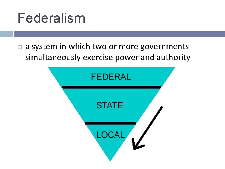 Federalism a system in which two or more governments simultaneously exercise power and authority Federalism a system in which two or more governments simultaneously exercise power and authority