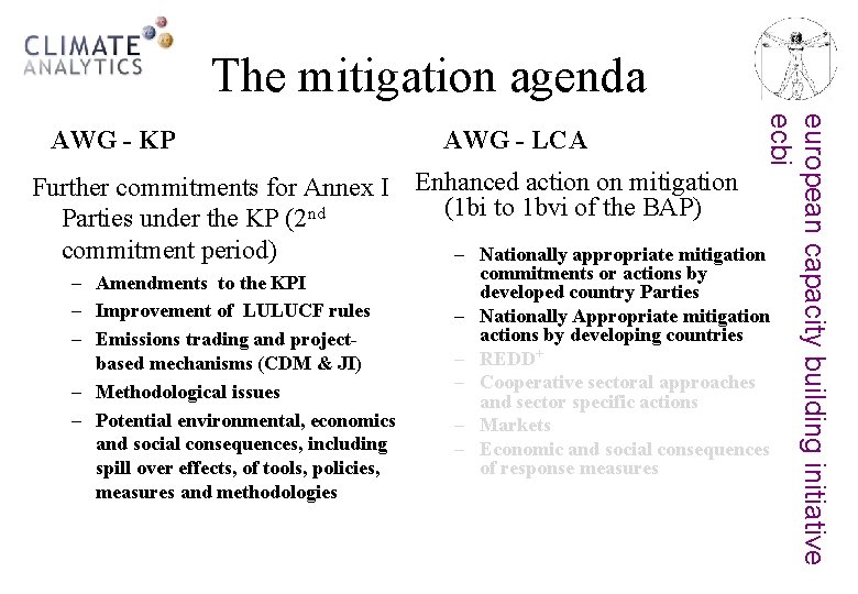 The mitigation agenda AWG - LCA european capacity building initiative ecbi AWG - KP