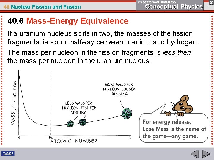 40 Nuclear Fission and Fusion 40. 6 Mass-Energy Equivalence If a uranium nucleus splits