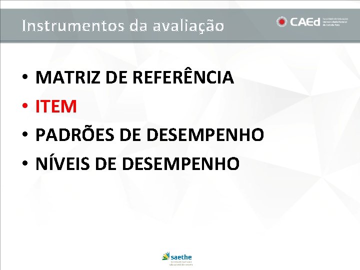 Instrumentos da avaliação • • MATRIZ DE REFERÊNCIA ITEM PADRÕES DE DESEMPENHO NÍVEIS DE