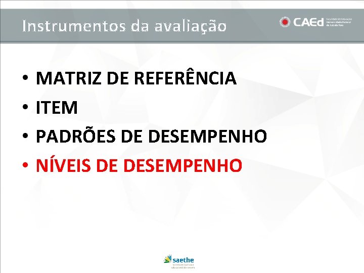 Instrumentos da avaliação • • MATRIZ DE REFERÊNCIA ITEM PADRÕES DE DESEMPENHO NÍVEIS DE