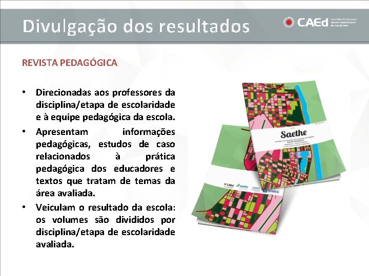 Divulgação dos resultados REVISTA PEDAGÓGICA • Direcionadas aos professores da disciplina/etapa de escolaridade e