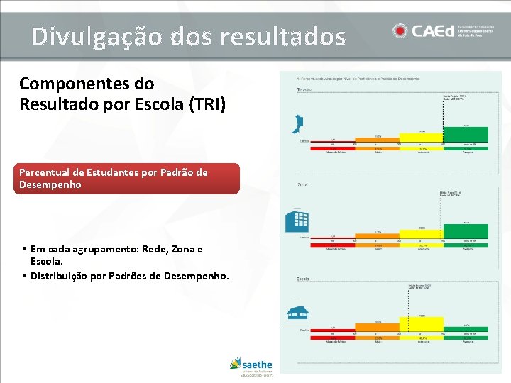 Divulgação dos resultados Componentes do Resultado por Escola (TRI) Percentual de Estudantes por Padrão