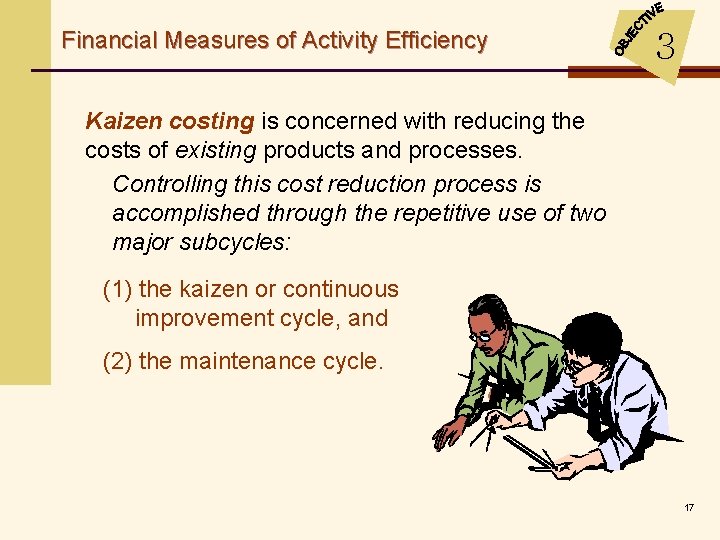 Financial Measures of Activity Efficiency 3 Kaizen costing is concerned with reducing the costs