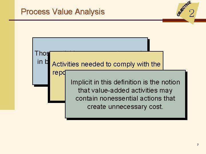 Process Value Analysis 2 Those activities necessary to remain in business areneeded called value-added