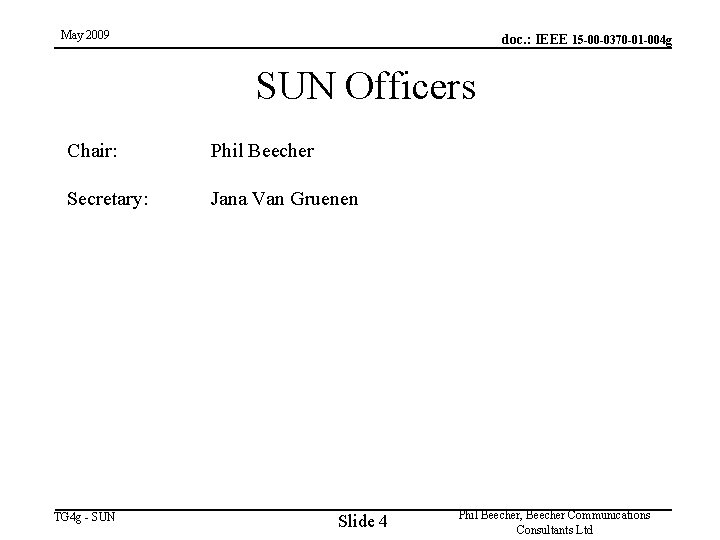 May 2009 doc. : IEEE 15 -00 -0370 -01 -004 g SUN Officers Chair:
