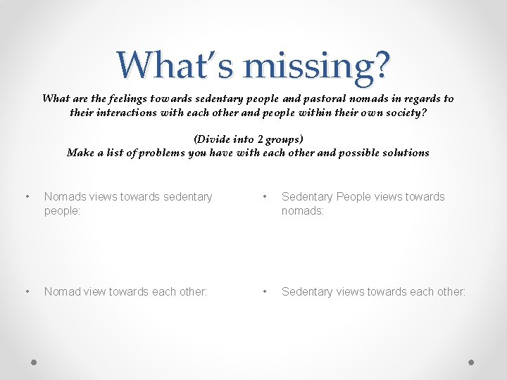 What’s missing? What are the feelings towards sedentary people and pastoral nomads in regards