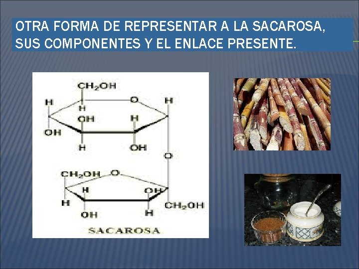 OTRA FORMA DE REPRESENTAR A LA SACAROSA, SUS COMPONENTES Y EL ENLACE PRESENTE. 