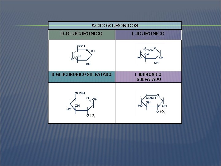 ACIDOS URONICOS D-GLUCURÓNICO L-IDURONICO D-GLUCURONICO SULFATADO L-IDURONICO SULFATADO 