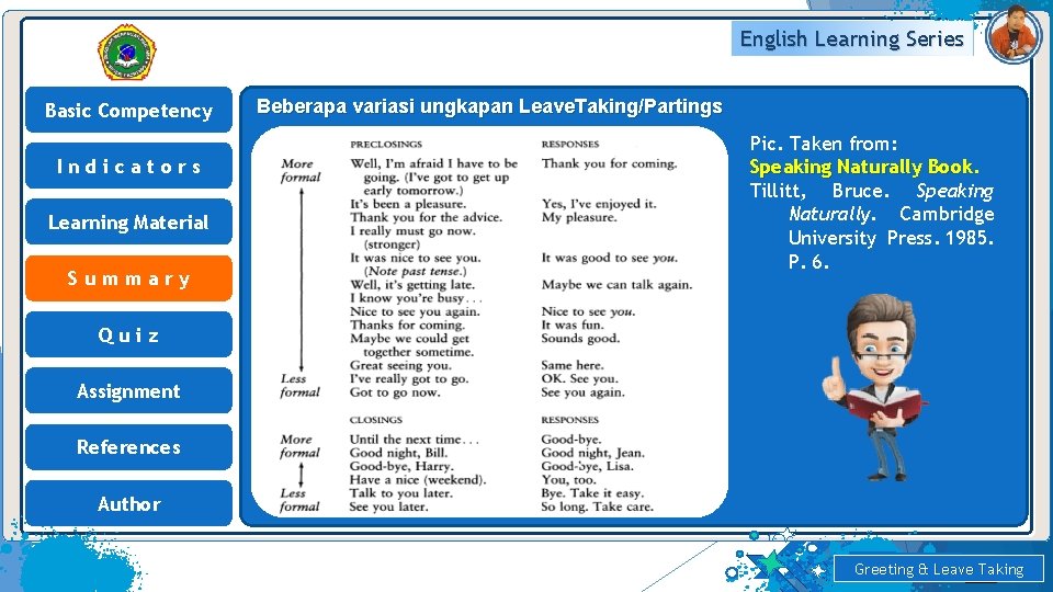 English Learning Series Basic Competency Indicators Learning Material Summary Beberapa variasi ungkapan Leave. Taking/Partings