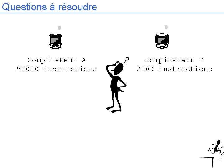 Questions à résoudre Compilateur A 50000 instructions Compilateur B 2000 instructions 